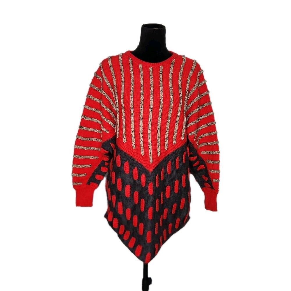 Escada Vintage 80s Handkerchief Hem Chunky Knit Sweater Red Multi Size Large